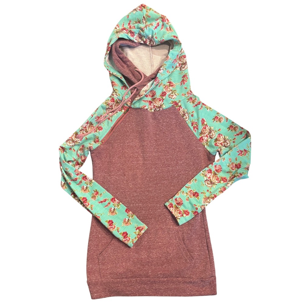 Ampersand Avenue Double Hooded Sweatshirt Mauve Floral Raglan Pullover Medium